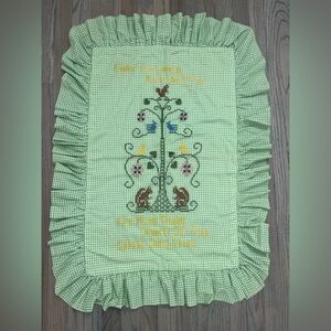 Vtg Handmade Baby Crib Quilt Green Gingham Cross Stitch Ruffle Blanket Woodland